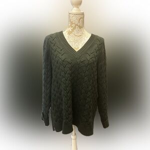 Lands' End Women's V-Neck Sweater - Olive 100%Cotton Cable knit XL